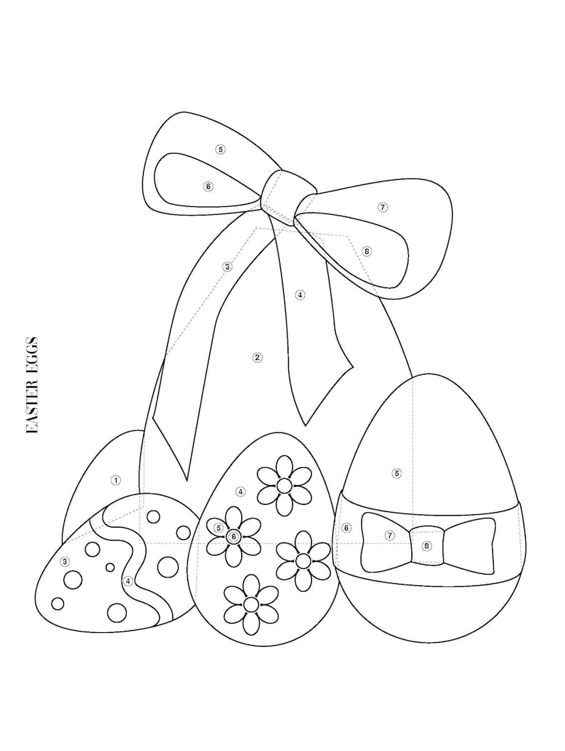 Może przedstawiać: Czarno-biała ilustracja liniowa trzech jajek wielkanocnych z kokardą na g&oacute;rze. Jajka są ozdobione r&oacute;żnymi wzorami, w tym kropkami, spiralami i kwiatami. Kokarda jest zawiązana wstążką.