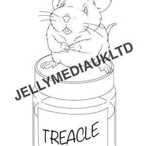 May include: A black and white line drawing of a mouse sitting on top of a glass jar labeled "Treacle".