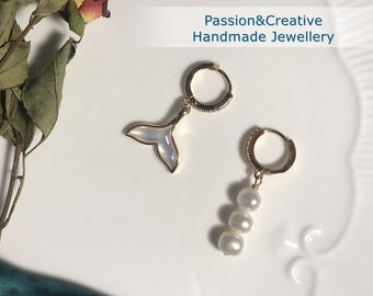 Pinctada Shell Mermaid Tail Pearl Earrings, Natural Pearl drop earrings, 14k Gold filled Rhinestone Hoop Earrings, Mismatched pearl earrings