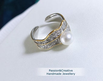 S925 Sterling Silver Lotus Leaf Pearl Ring, Natural Freshwater Pearl Ring, Delicate Leaf Ring, Single Pearl Ring, Pearl Jewellery Gifts