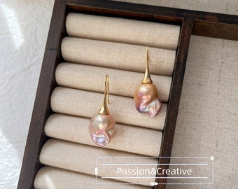 Keshi Baroque Pearl Dangle Earrings, Pink Purple Natural Freshwater Baroque Keshi Pearls, Purple Fireball Flame Ball Pearl Hook Earrings