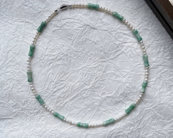 Zoetwaterparel en jade kralenketting - S925 sterlingzilveren sluiting