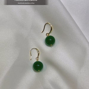 Green Jade Hoop Earrings, Dark Green Jade Dangle Earrings, 14k Gold Plated French Hook Earrings, Jade Jewellery, Minimalist Design Earrings