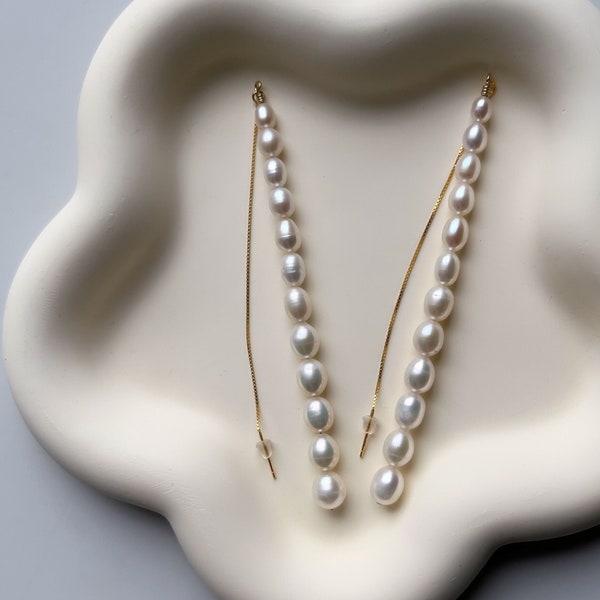 S925 Sterling Silver Freshwater Pearl Threader Earrings, Long 18k Gold Plated Box Chain Pearls Drop Earrings, Rice Pearls Threader Earrings