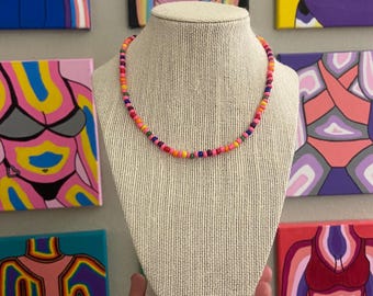 Pink and Rainbow Seed Bead Necklace