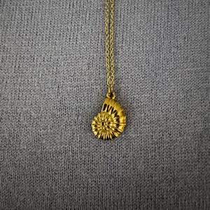 May include: A gold-colored pendant necklace featuring a spiral seashell design. The pendant hangs from a delicate gold chain. The background is a textured gray fabric.