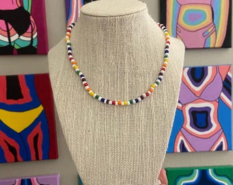 White and Rainbow Seed Bead Necklace