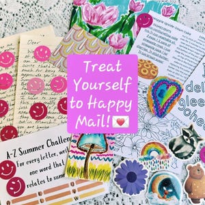 May include: A collection of stationery items including handwritten letters, a recipe card for pineapple upside-down cake, an A-Z summer challenge sheet, and various stickers featuring a raccoon, bear, rainbow, flowers, and pink smiley faces.