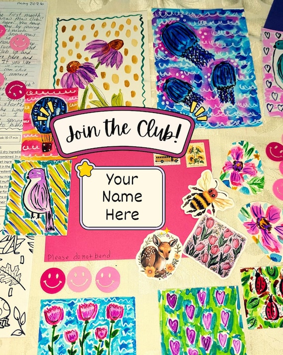 Snail Mail Club, Happy Mail Bundle, Whimsical Art, Cute Stickers and Fun Mail, Hand Painted Surprises in the Mail, Two Coloring Cards!