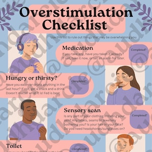 May include: A pastel-coloured checklist for managing overstimulation, featuring illustrations and prompts such as "Medication" and "Hungry or thirsty?" A colour wheel is included for emotional self-assessment.
