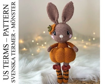 PDF Penelope the pumpkin bunny crochet pattern - DIY amigurumi halloween animal crocheting, virkmönster pumpa-kaninen Penelope