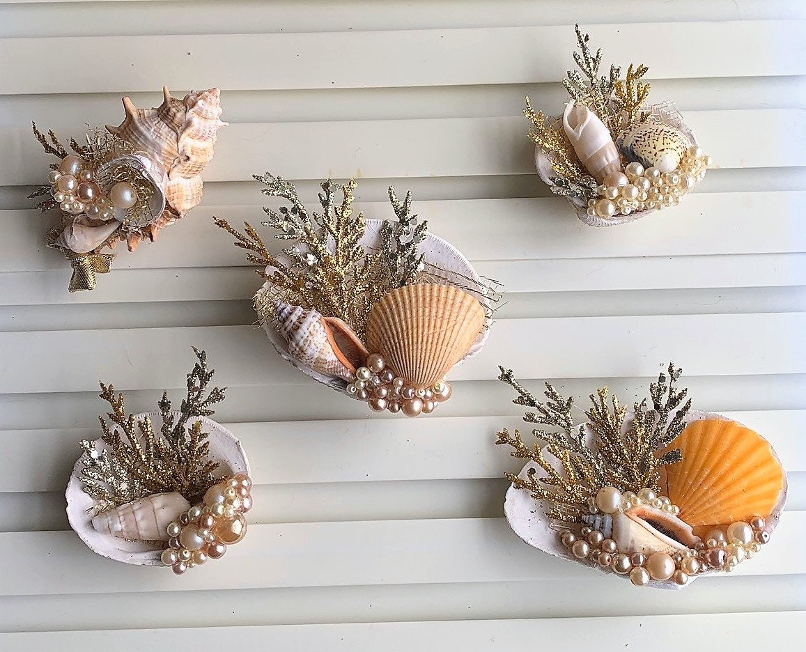 Handmade Seashell Ornaments set of Five Seashell Home Decor Beach Home Decor  Coastal Decor Beach Holiday Seashell Holiday Decor 