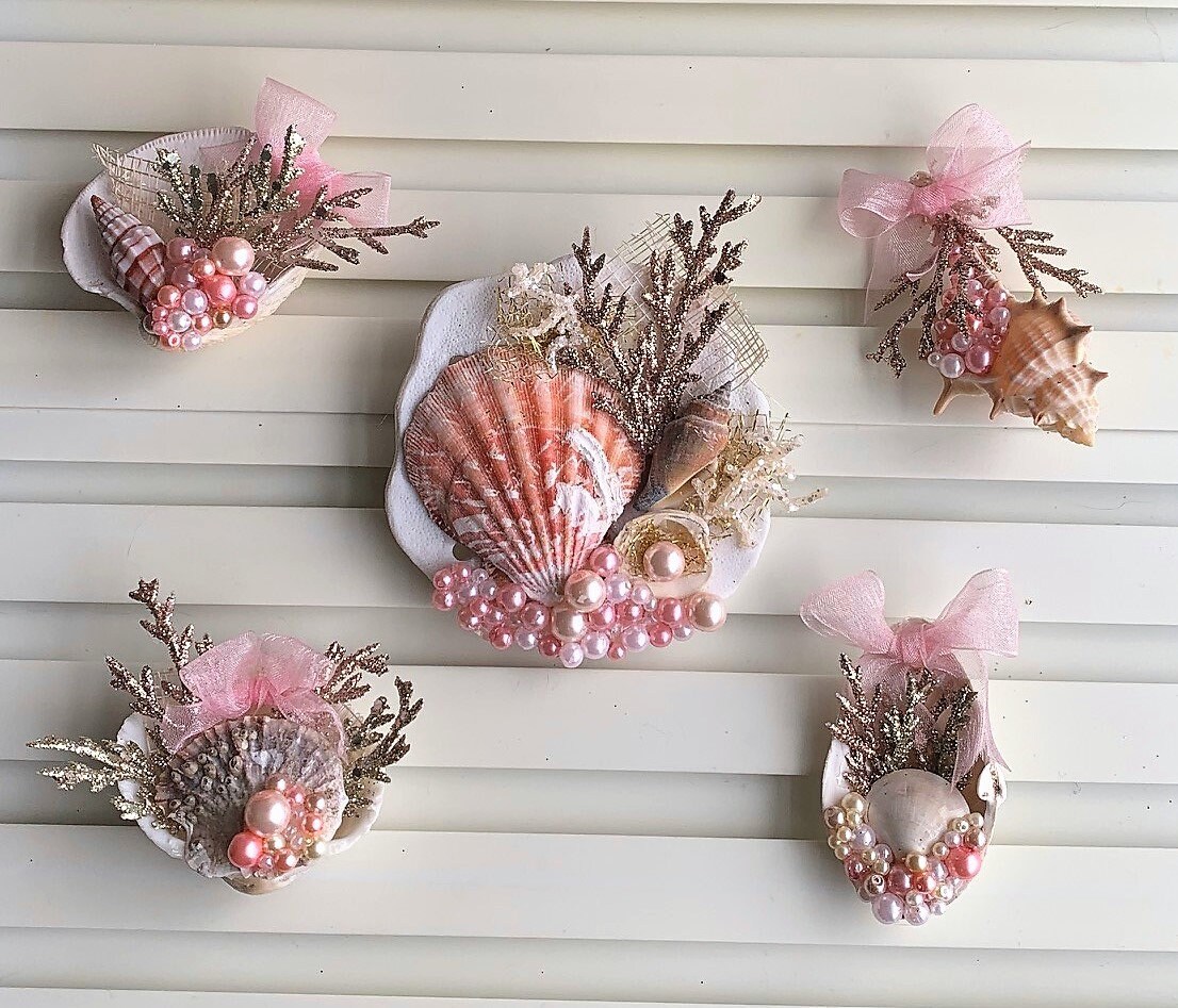 Handmade Seashell Ornaments set of Five Seashell Home Decor Beach Home Decor  Coastal Decor Beach Holiday Seashell Holiday Decor 