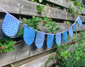Blue Fabric Bunting Garland | Handmade Nursery Banner | Sustainable Party Decor | Reusable Fabric Flags | Kids Room Decoration
