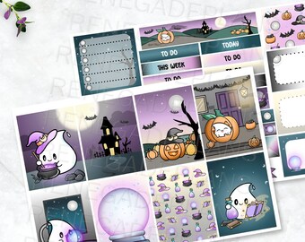 以下が含まれることがあります： ハロウィンをテーマにしたプランナー用ステッカーのセット。ゴースト、カボチャ、ケトル、クリスタルボールがデザインされています。ステッカーは白地に紫と青のアクセントが施されています。ステッカーのテキストは「今週のToDo」と「今日のToDo」です。