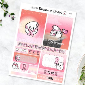 Borstkanker Bewustzijn Mini Dagelijkse of Wekelijkse Kit Teara - Happy Planner Stickers Bullet Journal Scrapbooking - Originele Handgetekende Karakter