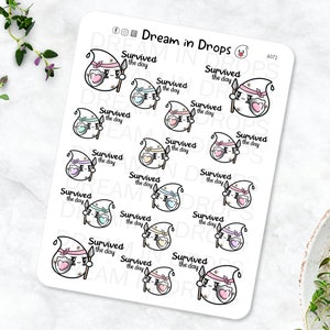 May include: A sheet of 15 stickers featuring a cartoon ghost character with a heart and a spear. Each sticker says "Survived the day". The stickers are in various pastel colors.