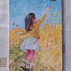 Девочка e бабочка. Cartão original com девочкой e бабочкой, impасто, maslo
