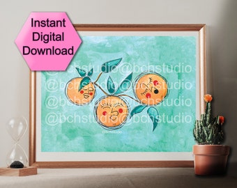 Oranges with Faces, 3 cute oranges on a branch, digital art print download