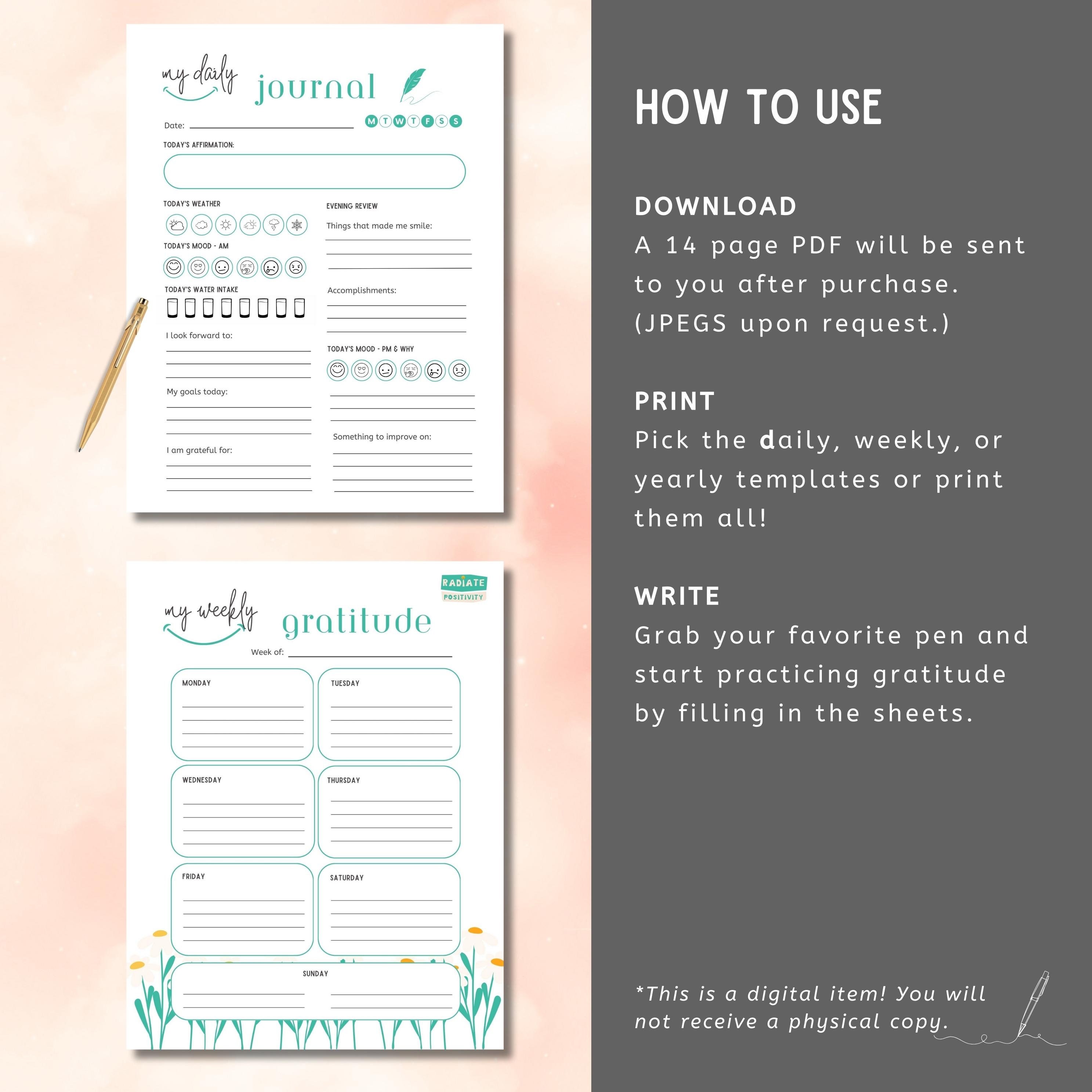 2024 Daily Gratitude Journal Printable, Affirmation Cards, Weekly ...