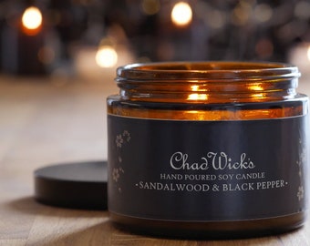 Sandalwood & Black Pepper Hand Poured Soy Candle. Vegan friendly and animal cruelty free. Home Gift.