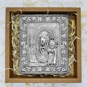 Pure silver orthodox icon of Mother of God of Kazan, Our Lady of Kazan, Theotokos of Kazan