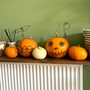 May include: Five orange pumpkins, one with a wire-framed face, on a white shelf with a green wall in the background. The pumpkins are decorated with wire for Halloween.