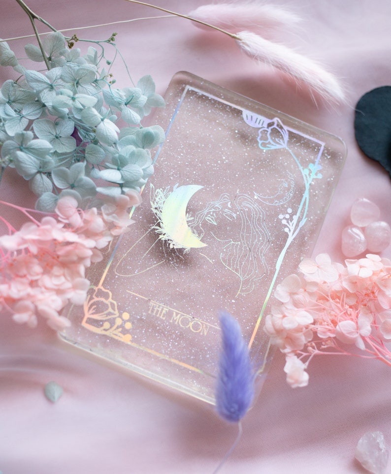 Holographic Resin Tarot Card | Flowers Mystical Tarot Deck | Divination Decorative | The Moon 