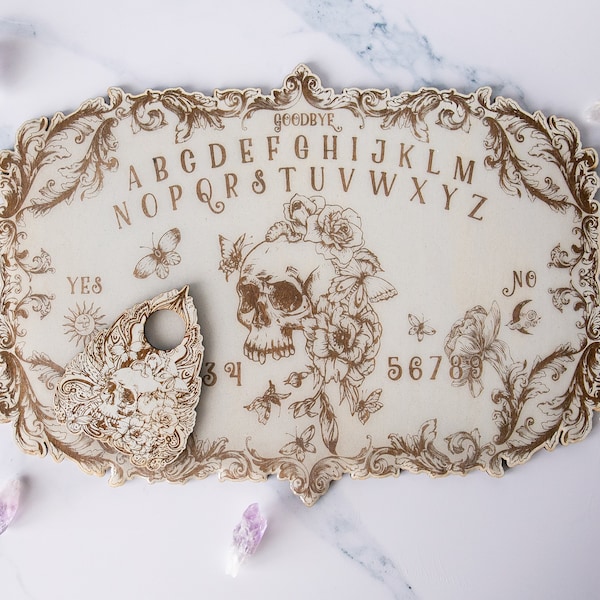 Floral Skull Spirit Board with planchette heirloom white | Divination Decorative | Scrying | Handmade Ouija Board