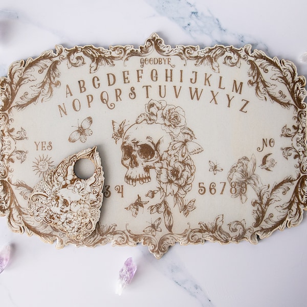 Floral Skull Spirit Board with planchette heirloom white | Divination Decorative | Scrying | Ouija Board