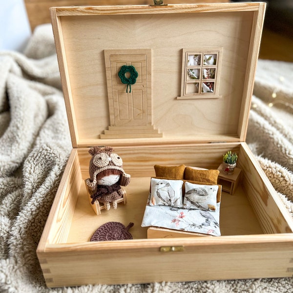 Wooden Owl House with Miniature Furniture and Crochet Owl, Unique Owl Gift for kids all ages, wooden toy box with toy set, birthday gift