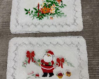 Set of 6 Vintage Holiday Plastic Lace Placemats - Floral & Santa Motifs