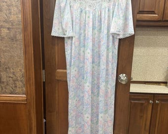 Womens Pastel Floral Lace-Trim Nightgown - Soft Pink & Blue
