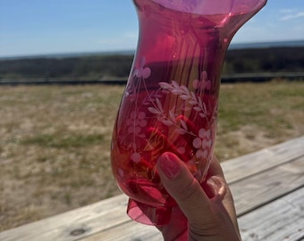 Hand-Blown Red Etched Hurricane Lamp Shade/Chimney- Decorative Home Accent