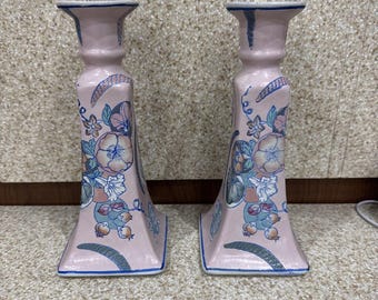 Candle Sticks (2) Chinoiserie Porcelain, Pastel Raised Floral Design 9 Tall