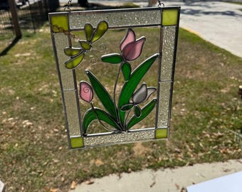 Gorgeous Handcrafted Pink Tulip Stained Glass Hanging Panel