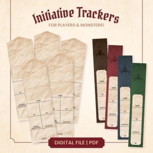 May include: A collection of initiative trackers for players and monsters. The trackers are in various colors, including brown, red, blue, and green. Each tracker has sections for name, AC, HP, and initiative. The text "Initiative Trackers" is at the top.