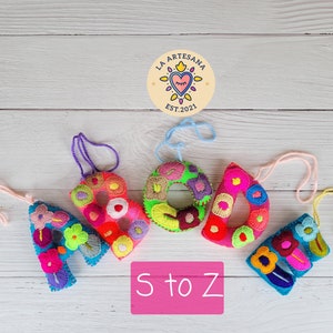 S-Z Mexican Hand Embroidered Alphabet Letters | Pom Poms Letters | Mexian Felt Ornaments | Mexican Home Decoration