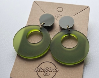 Drop Hoop Earrings, 50s 60s Style Mod Hoops Retro Groovy Green Earrings Mod Earrings