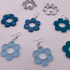 Flower Earrings 60's Earrings 70's Earrings Retro Earrings Glitter Earrings   Silver Earrings Blue Earrings Retro Flower Earrings