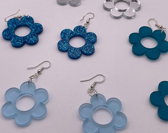 Flower Earrings 60's Earrings 70's Earrings Retro Earrings Glitter Earrings   Silver Earrings Blue Earrings Retro Flower Earrings