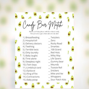 Fiesta Baby Shower, Baby Shower Game, Avocado Theme, Candy Bar Match Printable