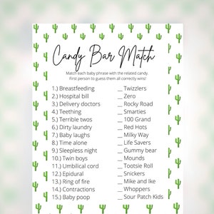 Fiesta Baby Shower, Baby Shower Game, Cactus Theme, Baby Candy Bar Match
