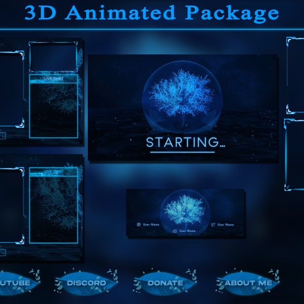 3D Animated Twitch Package Blue Night Ocean, Twitch Overlay, Banner, Alert - Full Stream Package