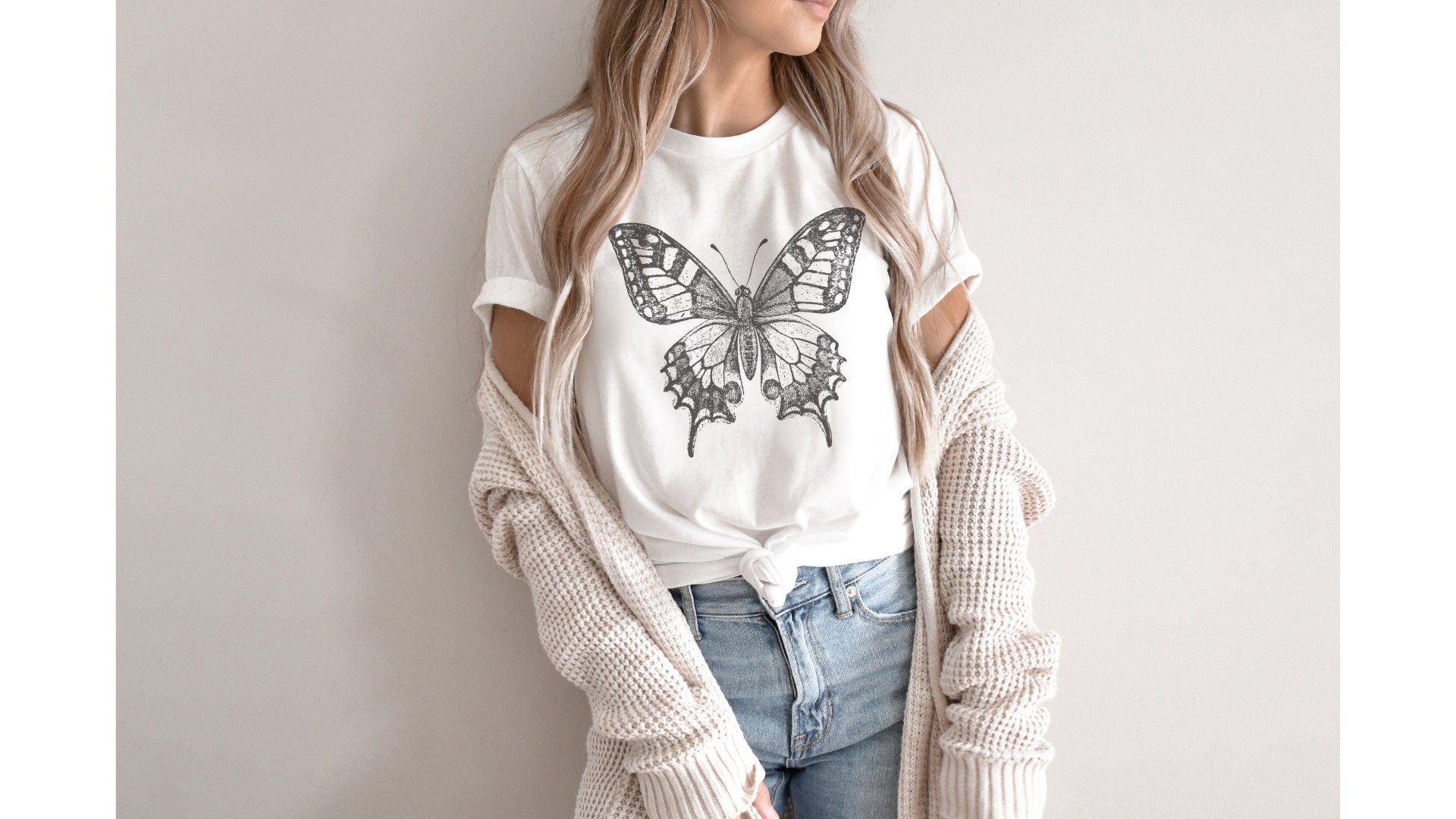 Crew Neck Short Sleeve Cute Butterfly Applique Cotton T-Shirt