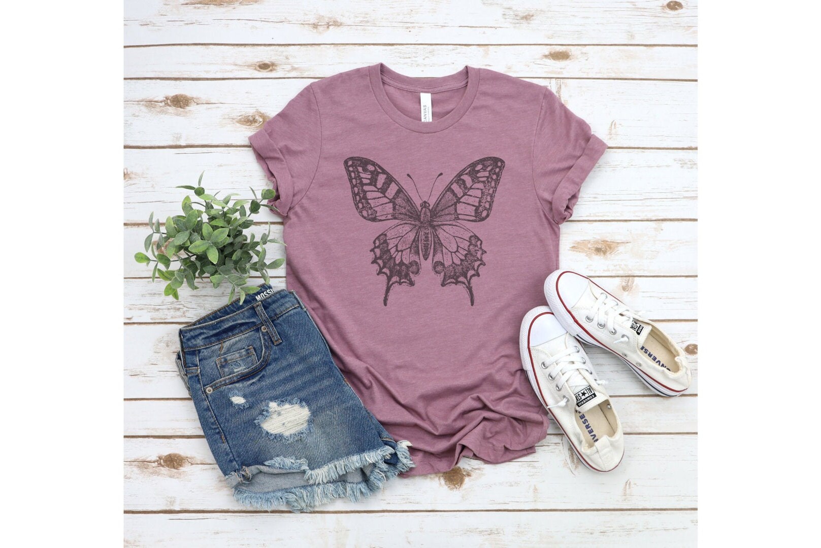 Crew Neck Short Sleeve Cute Butterfly Applique Cotton T-Shirt main image 1