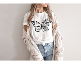 Hermosa camiseta de flor de mariposa / Linda camiseta de flor de mariposa / Regalo de cumpleaños / Camisa de mamá / Camiseta de mariposa simple / Camiseta de amante de la naturaleza