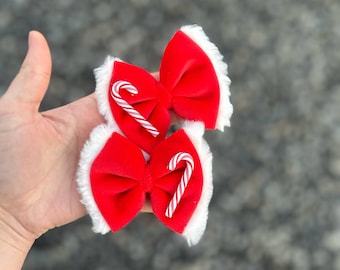 Red Velvet Candy Cane Hair Clips, Santa Faux Fur Trim Bows, Christmas Hair Accessories, Holiday Pigtail Bow Set, Stocking Stuffer