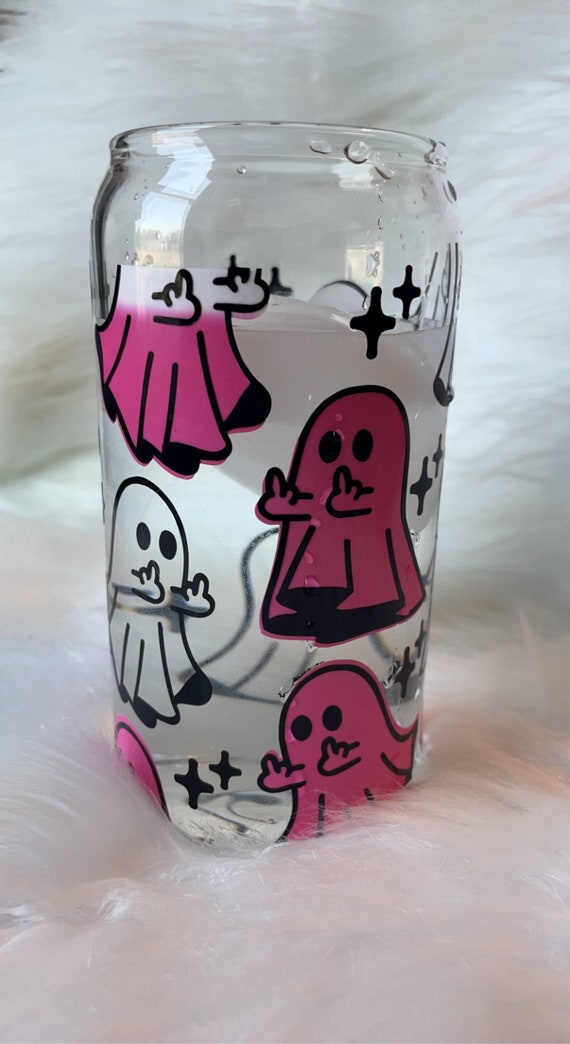 Pink Ghost Halloween Glass Iced Coffee Cup With Bamboo Lid & Glass Straw