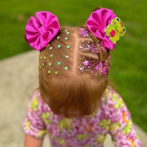 Hot Pink Shimmer Pigtail Bow Set with Frog Patch, Toddler Girls Hair Clips